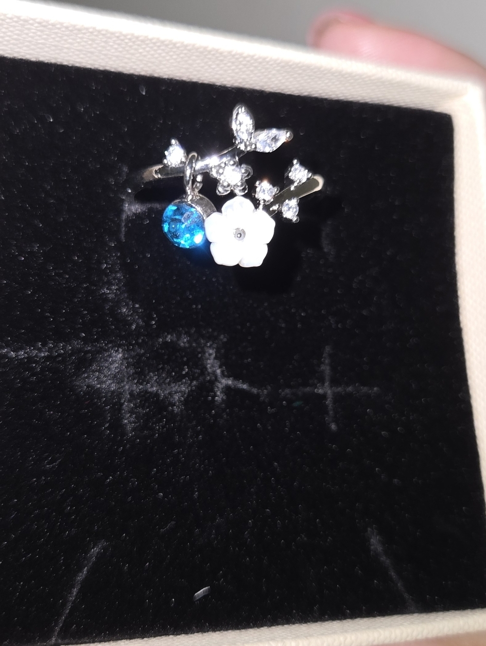 Silver Floral Birthstone Ring with Blue Topez and White Flower - Picture 4 of 6